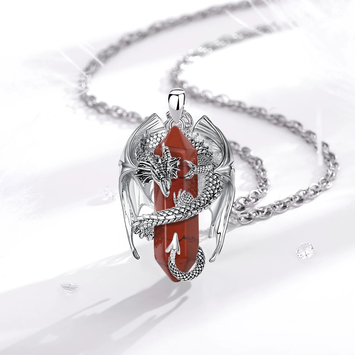 Eudora-Drache umwickelter roter Jaspis, sechseckiger Anhänger, Heilstein, Kristall-Amulett-Halskette, spiritueller Schmuck, Geschenk für Frauen und Männer