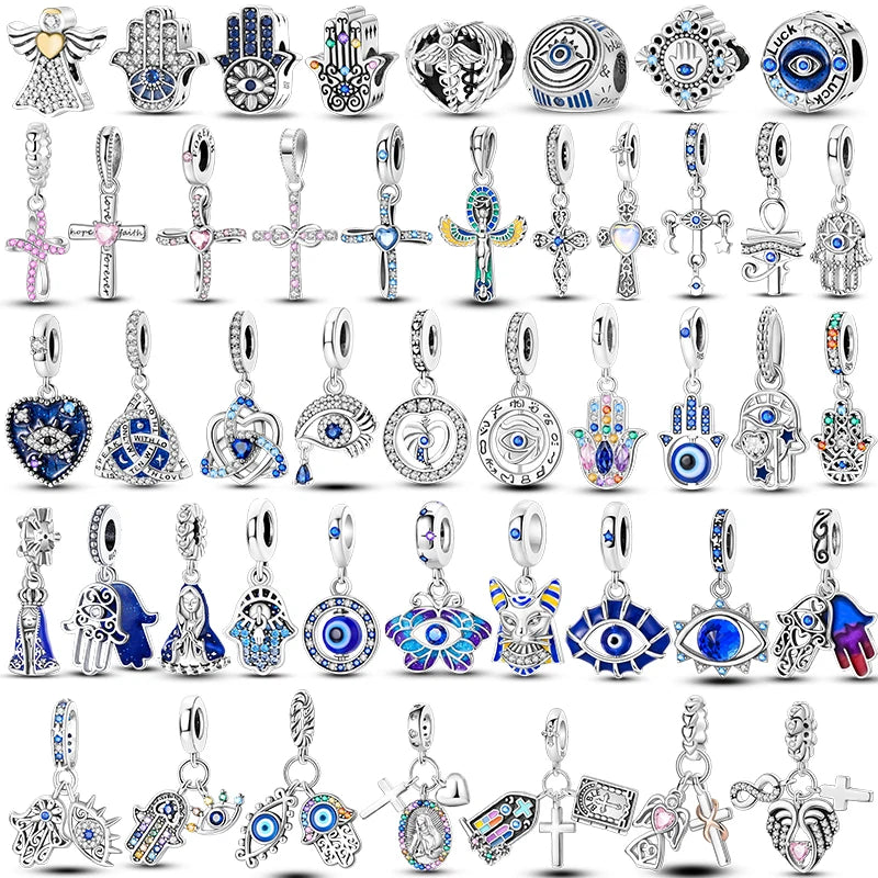 Teufelsaugen-Charm aus 925er Silber, Original-Hand der Fatima, blauer Zirkon, Kreuz, blaue Augen, passend für Armbänder, DIY-Herstellung von Schmuck, Geschenk