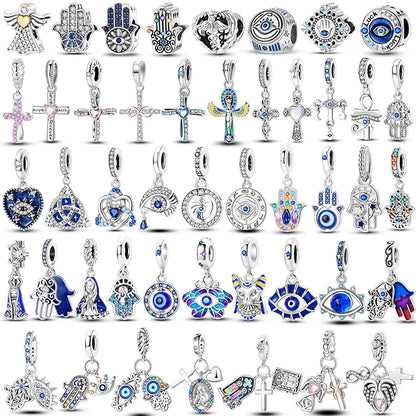 Teufelsaugen-Charm aus 925er Silber, Original-Hand der Fatima, blauer Zirkon, Kreuz, blaue Augen, passend für Armbänder, DIY-Herstellung von Schmuck, Geschenk