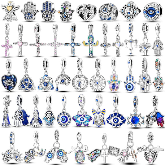 Teufelsaugen-Charm aus 925er Silber, Original-Hand der Fatima, blauer Zirkon, Kreuz, blaue Augen, passend für Armbänder, DIY-Herstellung von Schmuck, Geschenk
