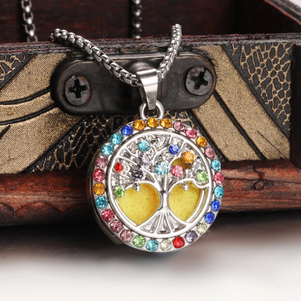 Trend ige Aroma therapie ätherische Öl Medaillon bunte Kristall Baum des Lebens Anhänger Edelstahl Parfüm Diffusor Halskette Schmuck