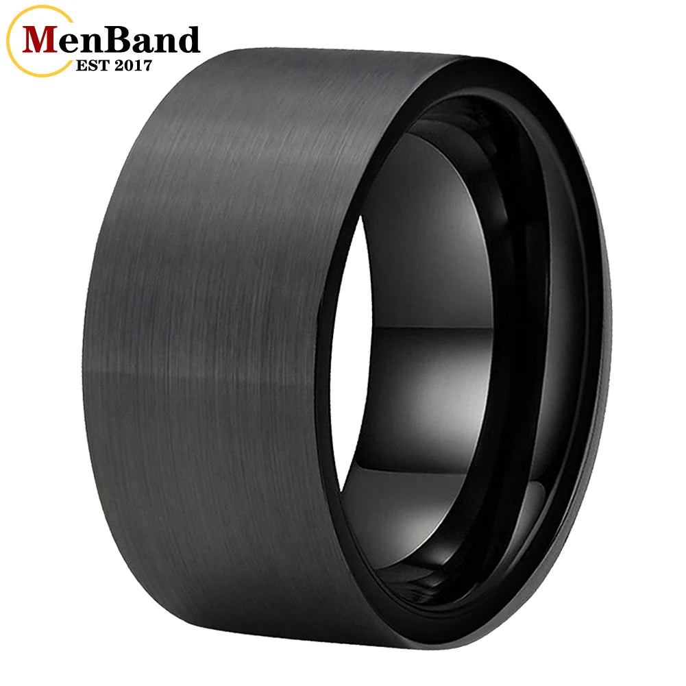 MenBand 10 mm 12 mm großer Herrenring, schwarzer Wolfram-Ehering, flaches Band und gebürstete Oberfläche, bequeme Passform