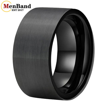 MenBand 10 mm 12 mm großer Herrenring, schwarzer Wolfram-Ehering, flaches Band und gebürstete Oberfläche, bequeme Passform