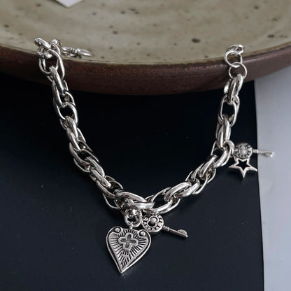 100 % massives 925er-Sterlingsilber-Retro-Armband für Damen und Herren, Vintage, handgefertigt, Vintage-Stil, Herz-Kreuz-Muster-Armband, Geburtstagsgeschenk