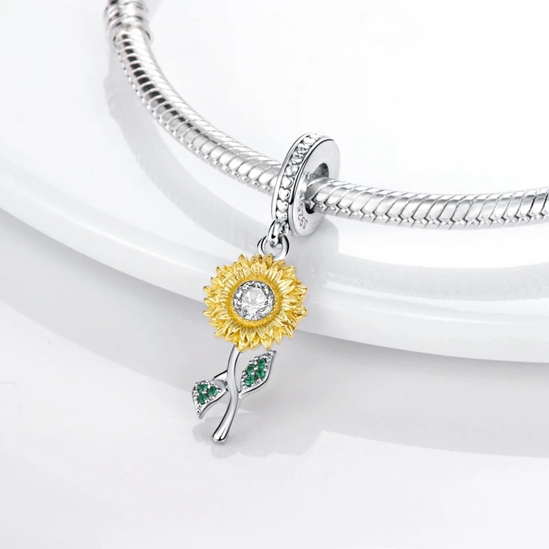 Blumen-Charms aus 925er Silber, Sonnenblumen-Tulpen-Anhänger, passend für Original-Pan-Armbänder zur Herstellung von Schmuck