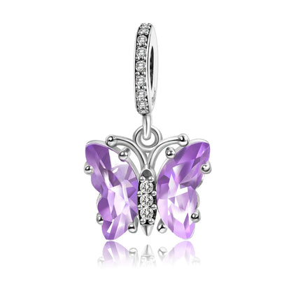 Charm-Anhänger aus 925er-Sterlingsilber mit eingelegten herzförmigen Perlen und Rosen-Anhänger, passend für Schlangenarmband, Boutique-Halskette, lila Anhänger, Geschenk