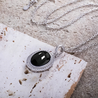 Halskette aus 925er-Sterlingsilber, natürlicher schwarzer Onyx, oval, 10 x 14 mm, mit Cry-Skelett, schlichtes Design, mit Kristall für Damen