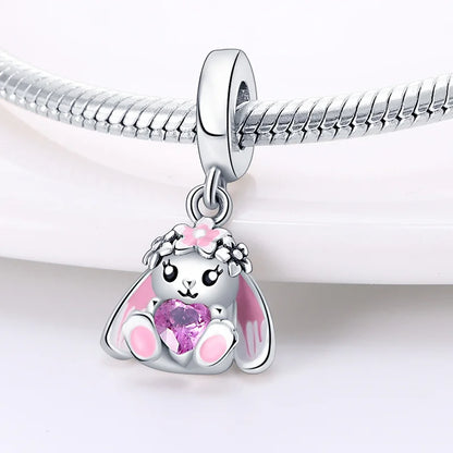Blumen-Kaninchen-Charm-Anhänger aus 925er-Sterlingsilber mit Zirkonia, passend für DIY-Armband-Halskette, Geschenk für Sie, Colgante Plata