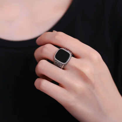 S925 Silver Jewelry Ring Natural 12*14mm Big Black Agate Stone Vintage Ring For Women Party Gifts