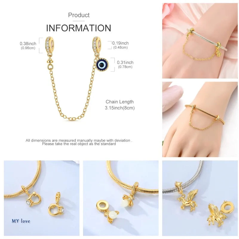 Goldfarbene Charms aus 925er Sterlingsilber, original goldene Sicherheitskette, runder Abstandshalter-Clip-Charm, DIY-Schmuck für Damen, Armband, Geschenk