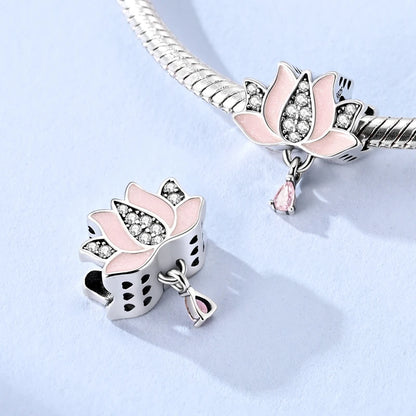 Lotusblüten-Anhänger aus 925er-Sterlingsilber, hypoallergen, Charm-Perle, rosa Zirkon, eingelegt, passend für Armbänder, Schmuck, Geschenk für Frauen