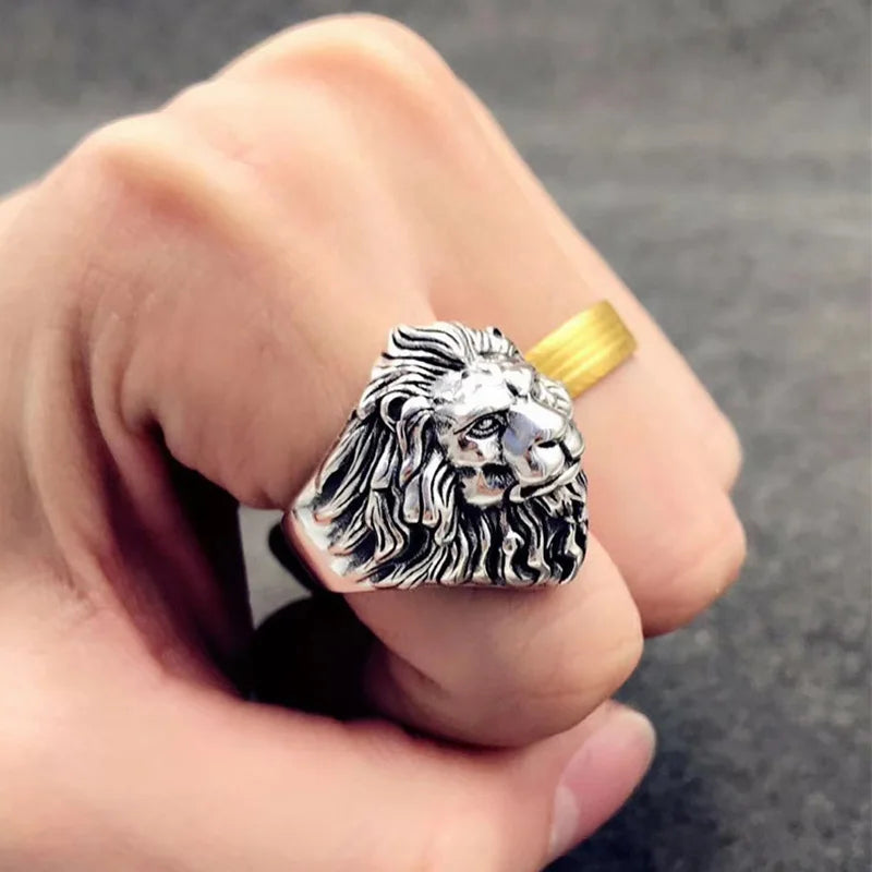 Retro Löwenkopf Großer Ring Für Männer Silber Farbe Punk Gothic Offener Ring Handgemachten Schmuck Rock Hiphop Biker Zubehör Mann Geschenk