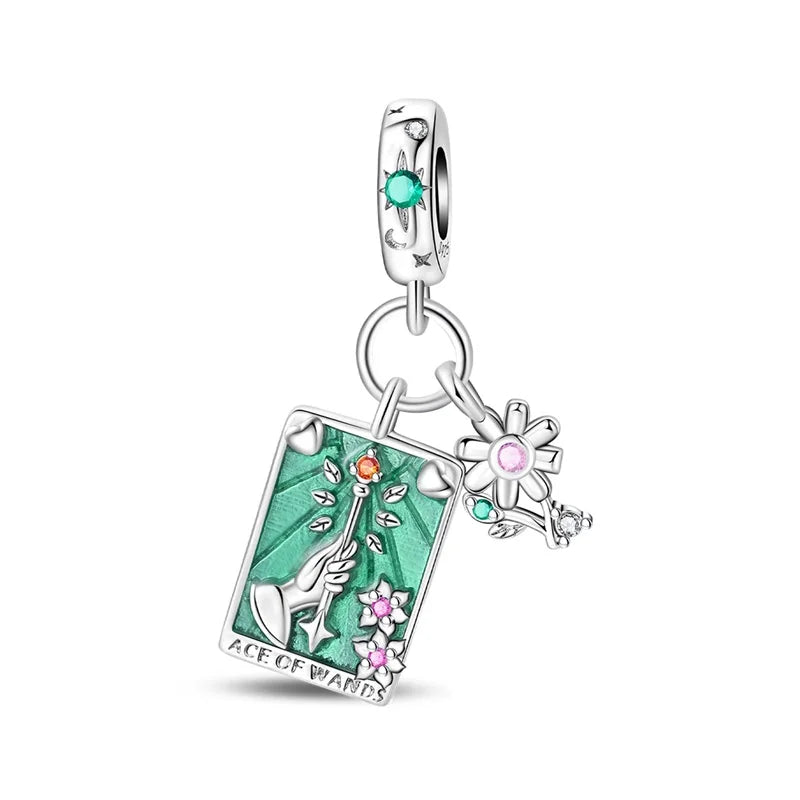 Geheimnisvoller Charm-Anhänger aus 925er-Sterlingsilber mit Hexen- und Tarotkarten-Spielkarten, passend für DIY-Armbänder, Halsketten, die als Glücksgeschenk wünscht