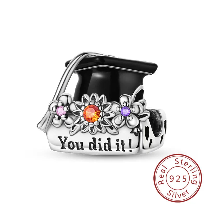 Original-Charms für den Abschluss, Perlen-Anhänger, 925er-Sterlingsilber, Bachelor-Hut, Kappen-Charms, passend für Armbänder, DIY-Zeremonie, Schmuck, Geschenk