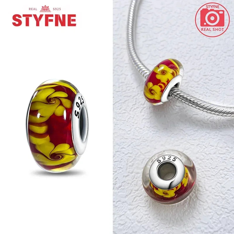 Echtes Sterlingsilber 925, Blumen-Charms, Glas, neue Original-Perle, bunt, Murano, passend für Original-Armbänder, DIY für Frauen, Schmuck, Geschenke