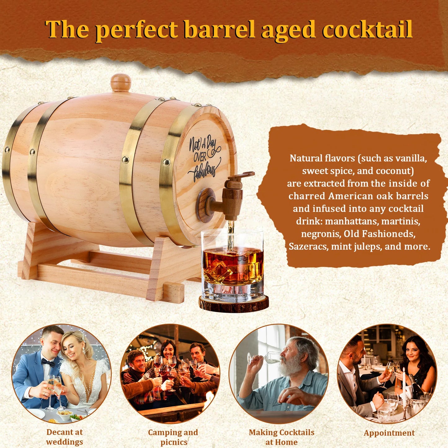 3L Holz-Whiskeyfass mit Ständer, Verschluss und Zapfhahn – Weinfass/Whiskeyfass-Spender für Whiskey, Bourbon, Cocktails, Rum