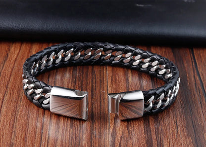 Geflochtenes Seil gewebtes schwarzes Leder Herrenarmbänder Punk-Stil Edelstahl-Armreif für Freund Charm Modeschmuck Geschenke