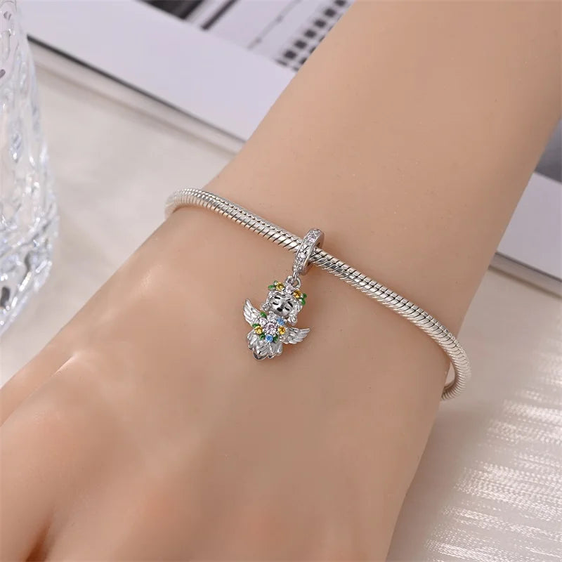 Funkelnde 925er-Sterlingsilber-Charm mit buntem Zirkon, festen Clip-Perlen und Engel-Anhänger, passend für Armbänder und Halsketten, exquisite Geschenke