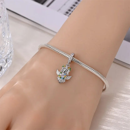 Funkelnde 925er-Sterlingsilber-Charm mit buntem Zirkon, festen Clip-Perlen und Engel-Anhänger, passend für Armbänder und Halsketten, exquisite Geschenke