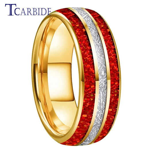Dropshipping 8MM Männer Frauen Schöne Hochzeit Band Wolfram Rot Opal Ring mit Helle Meteorit Inlay Gewölbt Poliert Komfort Fit