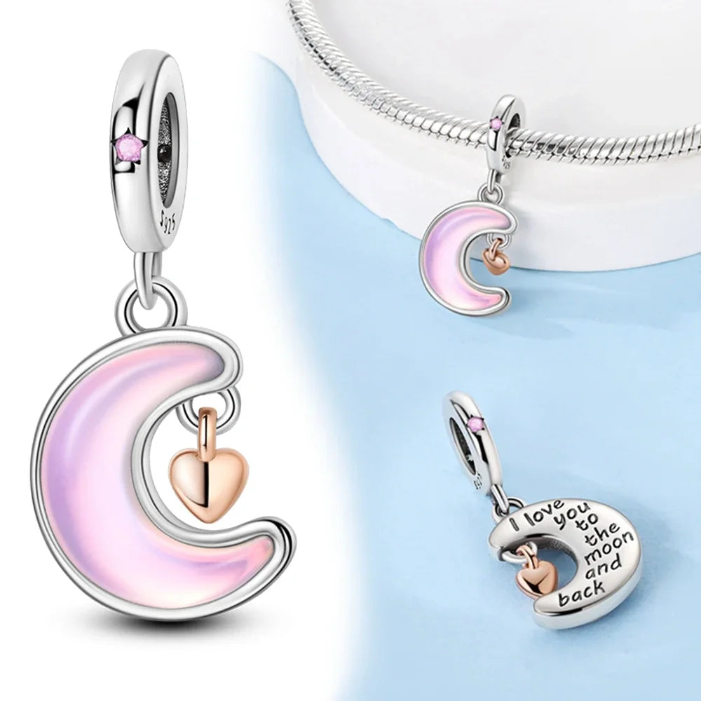 Charm-Anhänger aus 925er-Sterlingsilber, lila Herz, Mond, Planet, Perlen, passend für Charms, Silber, Original-Armband für Damen, Schmuck
