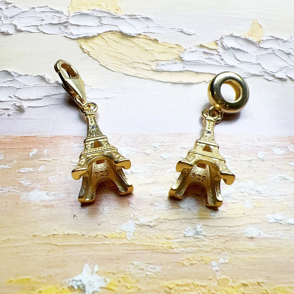 Modischer vergoldeter Charm-Anhänger, Eiffelturm, 925er Sterlingsilber, edler Schmuck, klassisches Geschenk für Damen und Herren
