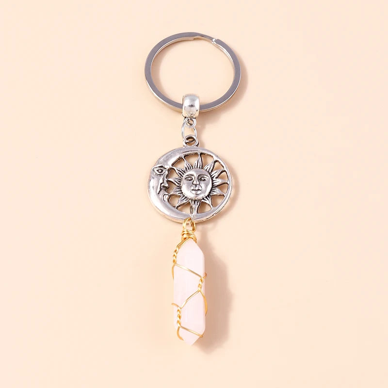 Nette Natürliche Stein Keychians Retro Silber Farbe Legierung Sonne Charms Schlüsselanhänger Frauen Männer Handtasche Anhänger Schlüssel Ketten DIY Zubehör