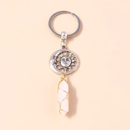 Nette Natürliche Stein Keychians Retro Silber Farbe Legierung Sonne Charms Schlüsselanhänger Frauen Männer Handtasche Anhänger Schlüssel Ketten DIY Zubehör