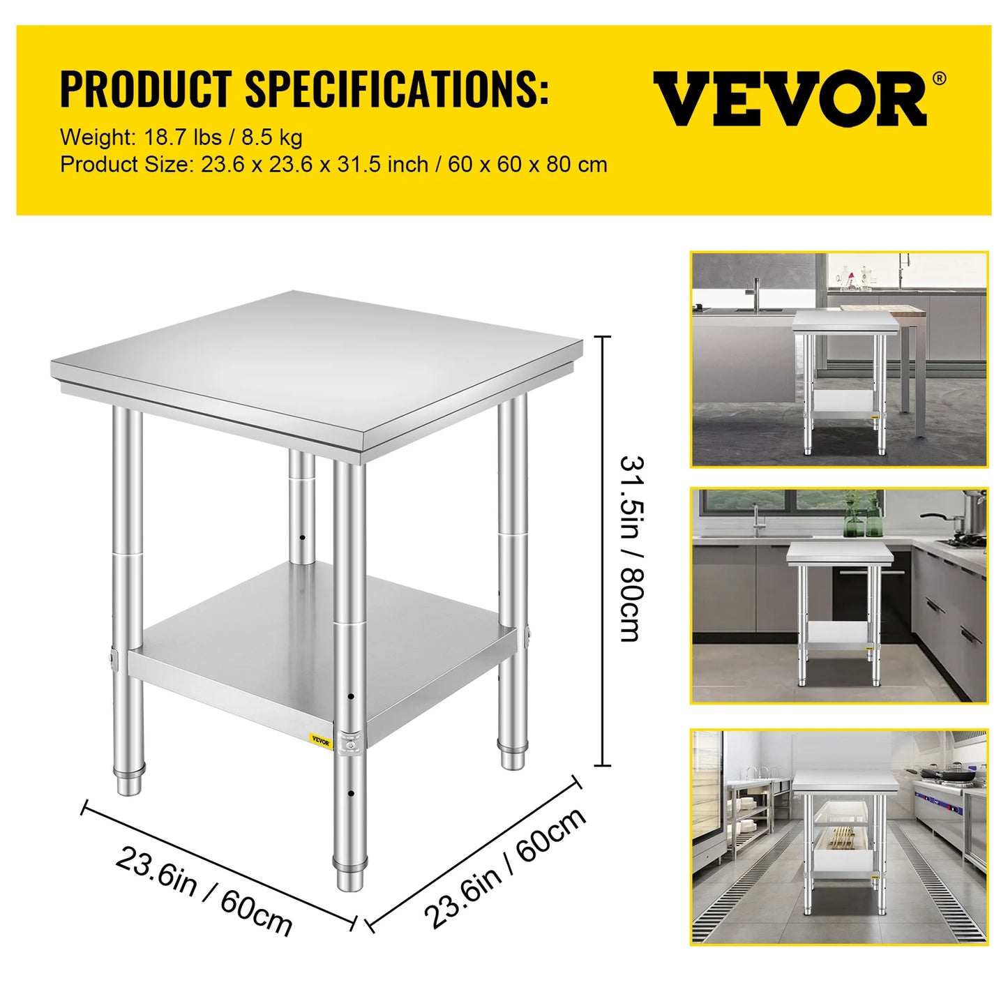 VEVOR Edelstahl Arbeitstisch 900 x 600 x 800 mm Edelstahltisch Essenszubereitung mit Verstellbare Füße für die Zubereitung von Mahlzeiten, Nähen, Waschen, Basteln, Garagennutzung usw.