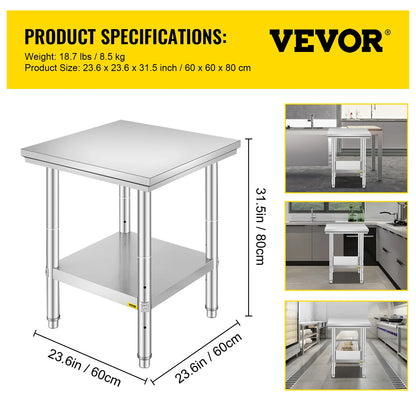 VEVOR Edelstahl Arbeitstisch 900 x 600 x 800 mm Edelstahltisch Essenszubereitung mit Verstellbare Füße für die Zubereitung von Mahlzeiten, Nähen, Waschen, Basteln, Garagennutzung usw.
