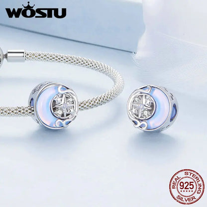 WOSTU 925 Sterling Silber Mondstein Charms Herz Perlen Astronaut Mond Anhänger Fit Original Armband DIY Halskette Schmuck Machen