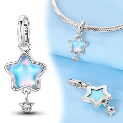 Charm-Anhänger aus 925er-Sterlingsilber, lila Herz, Mond, Planet, Perlen, passend für Charms, Silber, Original-Armband für Damen, Schmuck
