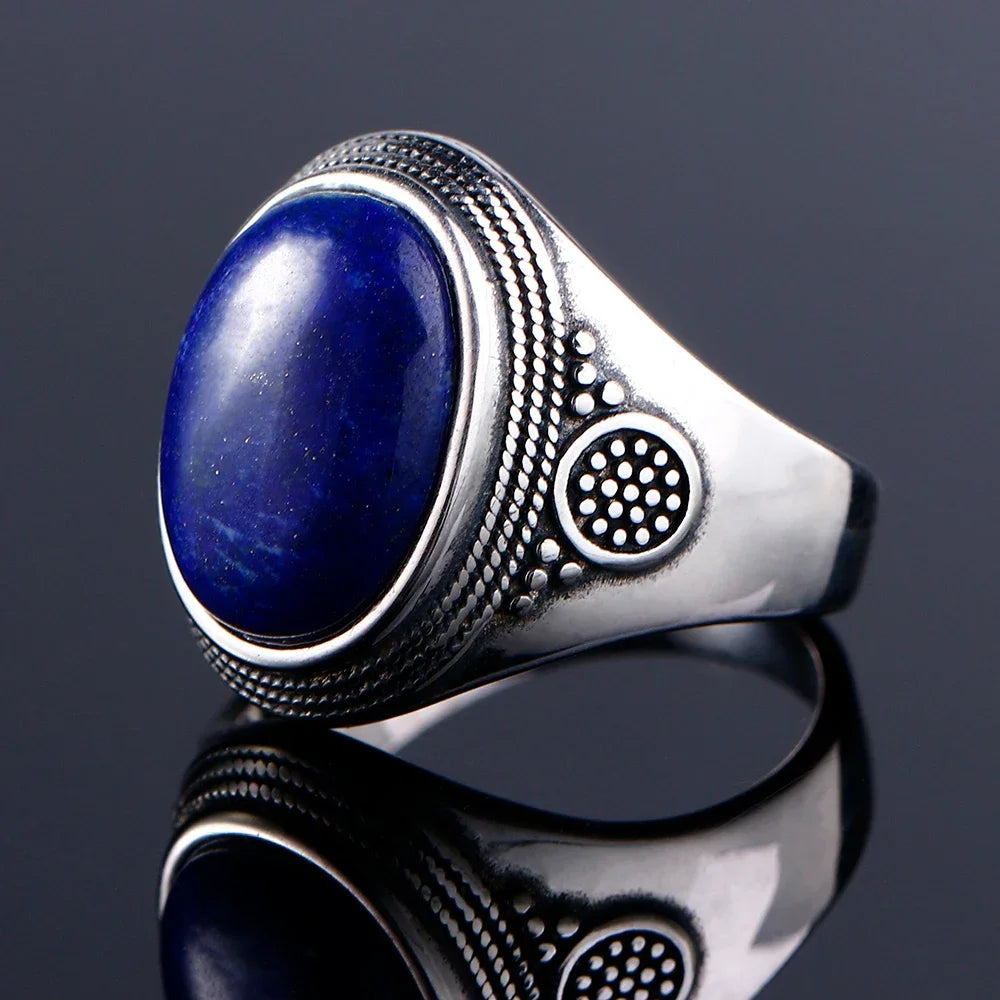 Silber S925 Ring Natürliche Große Oval Lapis Ringe für Männer Frauen Retro Luxus Edlen Schmuck Party Jahrestag Geschenk