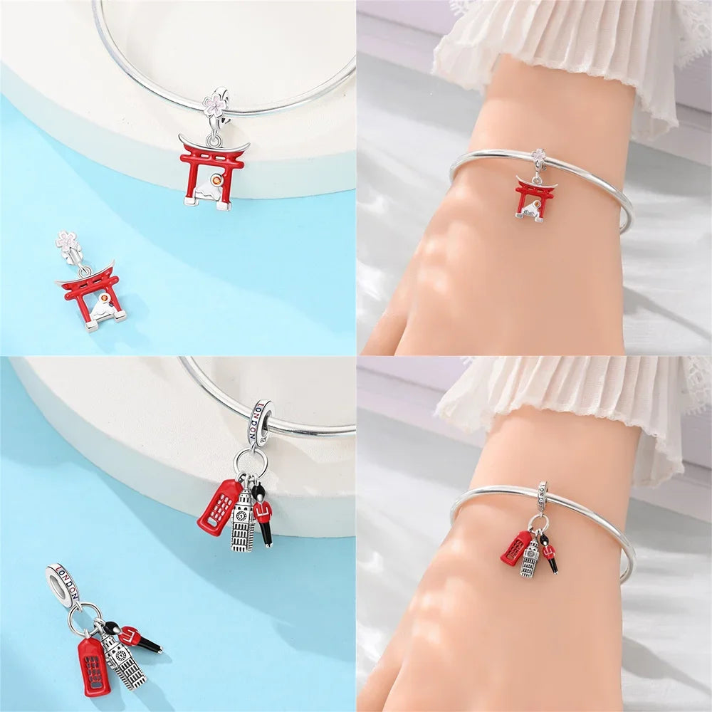 Neue Charms aus 925er Silber, griechischer Tempel, Pariser Turm, London, Big Ben, Perlenanhänger, passend für Original-Armbänder, DIY, kultureller edler Schmuck, Geschenk