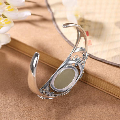 Vintage Silber eingelegte natürliche Hetian Jade Blume Hohl Armreifen für Frauen eleganten Ethno-Stil Hochzeit Verlobung Schmuck