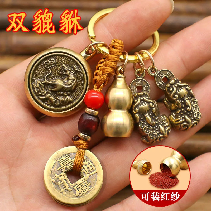 Messing Biss Geld Pixiu Schlüsselanhänger Sternzeichen Kupfer Kürbis Feng Shui Anhänger Chinesischer Knoten Glück Maskottchen Auto Schlüsselanhänger Spinner Dekoration