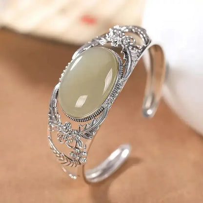 Vintage Silber eingelegte natürliche Hetian Jade Blume Hohl Armreifen für Frauen eleganten Ethno-Stil Hochzeit Verlobung Schmuck