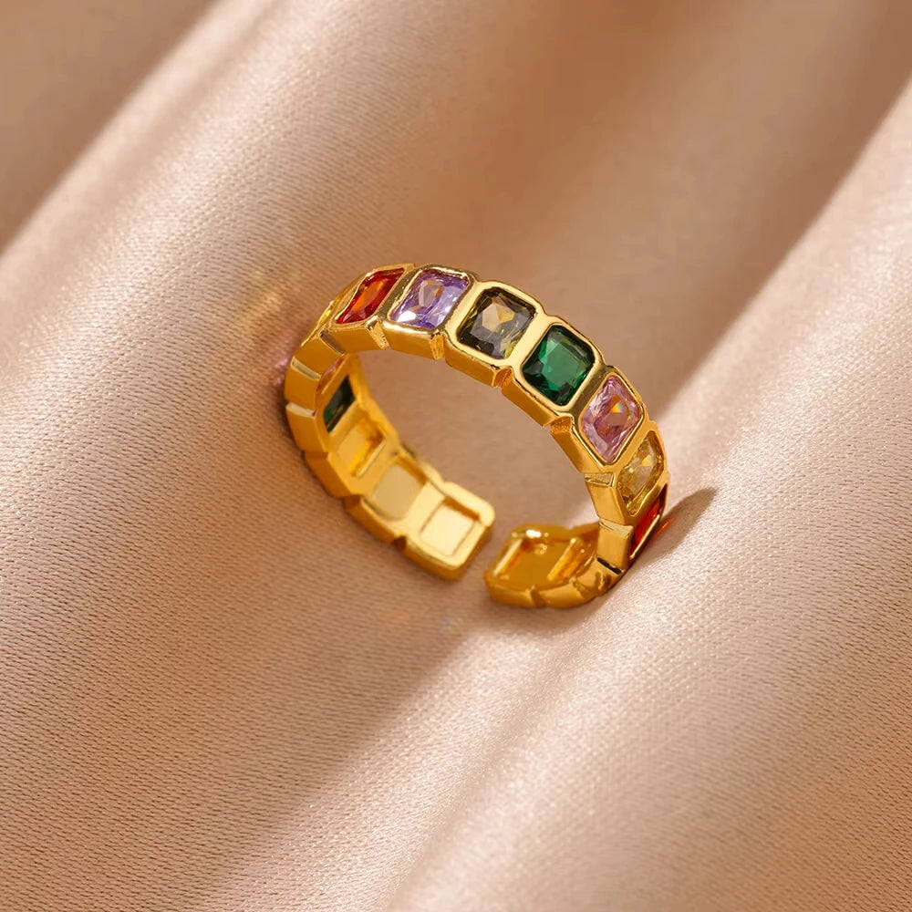 Luxus Edelstahl Ringe Vergoldet Bunte Stein Zirkon Kristall Herz Ring Für Frauen Hochzeit Boho Schmuck Weihnachtsgeschenk