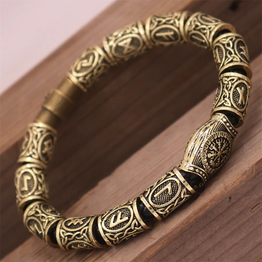 Mkendn Wikinger Accessoires Runen Perlen DIY Schmuck Herren Damen Wikinger Leder Armreifen mit Charms Bart Perlen