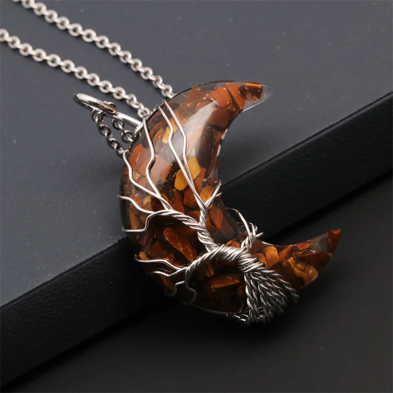 Natürliche Kristall Mond Anhänger Halskette Baum des Lebens Amethyst Reiki poliert Mineral Schmuck Heilstein für Männer Frauen Schmuck