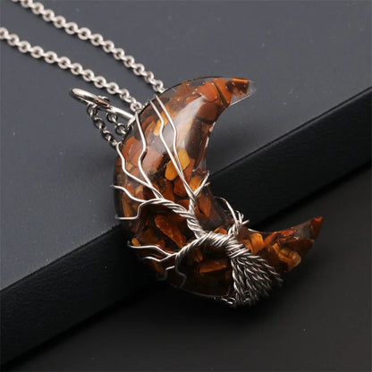 Natürliche Kristall Mond Anhänger Halskette Baum des Lebens Amethyst Reiki poliert Mineral Schmuck Heilstein für Männer Frauen Schmuck
