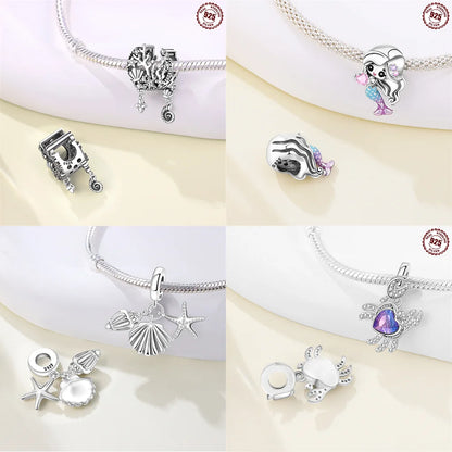 Charm-Anhänger aus 925er Silber, Ozean-Serie, Meerjungfrau, Schildkröte, Delfin, Ruder, Perlen, Anhänger, passend für Armbänder, Zubehör, Perlenschmuck, schönes Geschenk