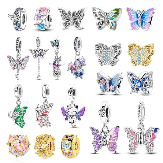 Exquisiter 925er-Sterlingsilber-Charm mit funkelndem Edelstein, Schlüssel, Blume, Schmetterling, passend für DIY-Armbänder, Halsketten, edler Schmuck, Geschenke
