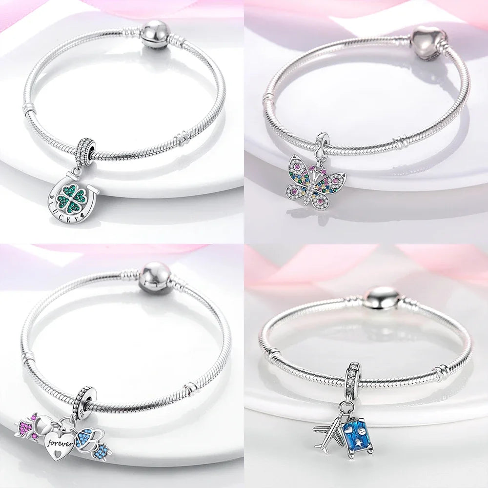 Neue Charms-Perle aus 925er-Sterlingsilber, rosa Schmetterling, leuchtende Glühwürmchen, baumelnd, passend für Armreifen, Halskette, DIY-Schmuck, Frauen-Geschenk