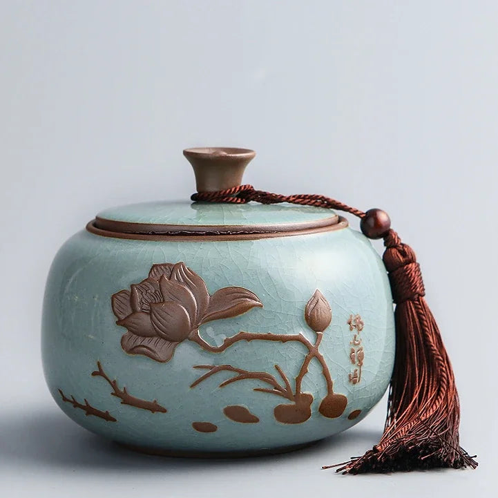 Hand-carved lotus celadon ash pet urn, dog and cat cremation urns, ceramic urns, sealed jar, funeral memorial art, large size