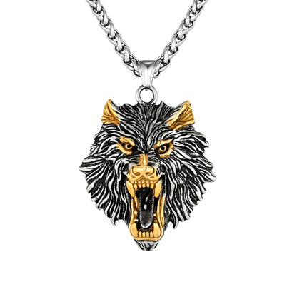 Punk Vikings Wolf Head Necklaces Stainless Steel Vintage Nordic Odin's Wolf Pendant Amulet Men Charm Genuine Leather Rope Jewelry