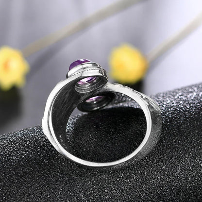 Punk-Hiphop-Ring aus 925er-Sterlingsilber, neues Design, mit zwei Amethysts, für Männer und Frauen, Schmuck, Party, Geburtstag, Geschenk