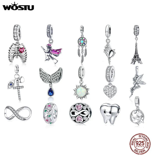 WOSTU 925 Sterling Silber Tier Cat Charm Anhänger Herz Familie Marienkäfer Bee Perlen Fit Original Armband DIY Schmuck Für Frauen