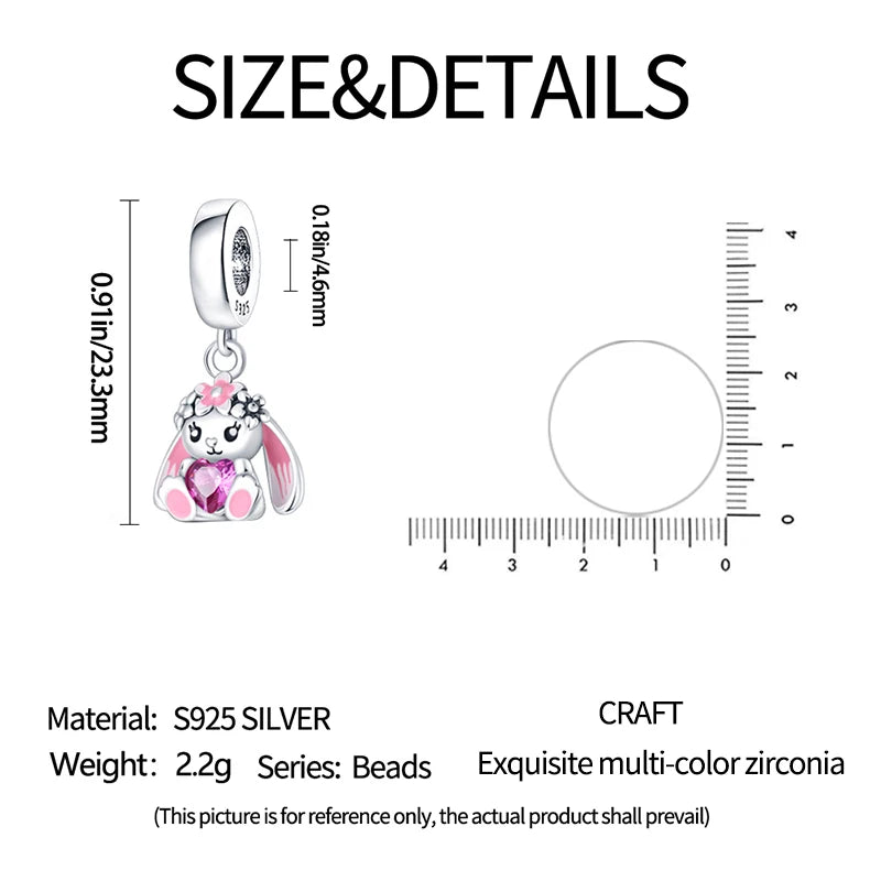 Blumen-Kaninchen-Charm-Anhänger aus 925er-Sterlingsilber mit Zirkonia, passend für DIY-Armband-Halskette, Geschenk für Sie, Colgante Plata