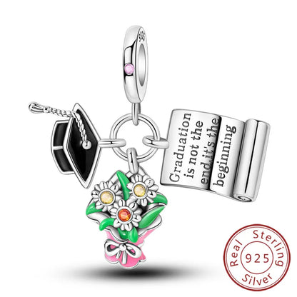 Original-Charms für den Abschluss, Perlen-Anhänger, 925er-Sterlingsilber, Bachelor-Hut, Kappen-Charms, passend für Armbänder, DIY-Zeremonie, Schmuck, Geschenk